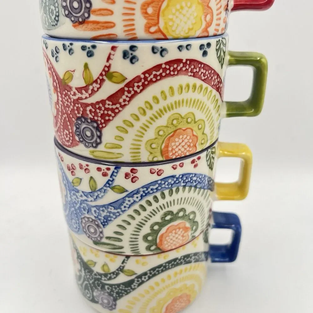 Set Of 4 PIER 1 Paisley Stackable Coffee Tea Mugs Stoneware Hand Painted Boho